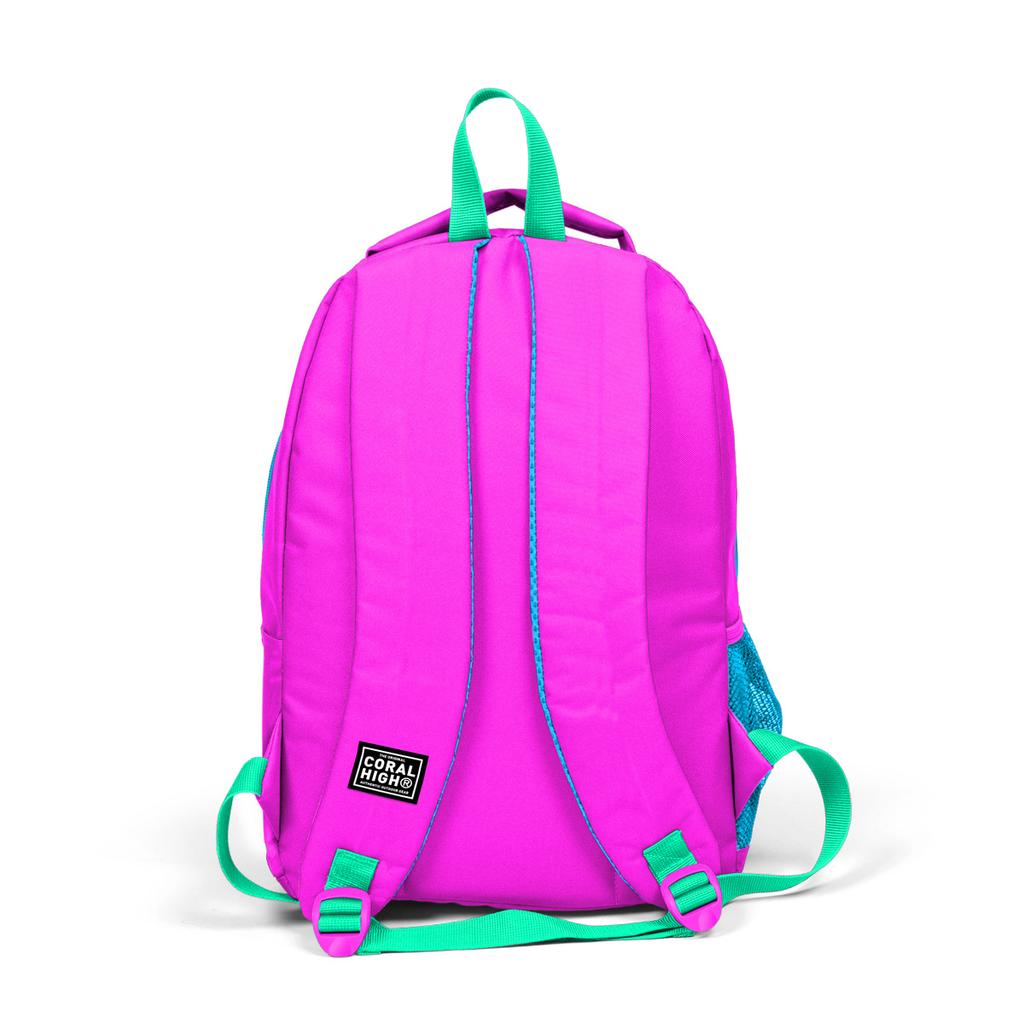 Coral High Kids Schulrucksack 24301 mit drei Fächern und USB-Anschluss, glitzernd und mit Katzenmuster, Rosa/Blau