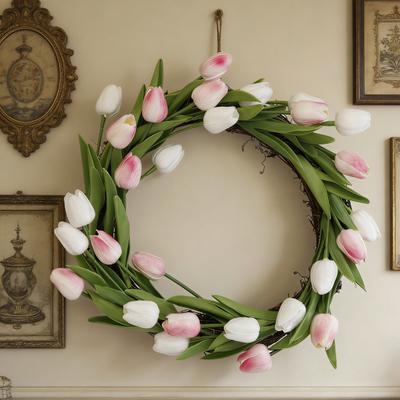 Artificial Tulip Wreath with Vine Base Lifelike Floral Door Wall Hanging Decor for Home Garden Party Fade-Resistant Reusable Spring Home Decoration