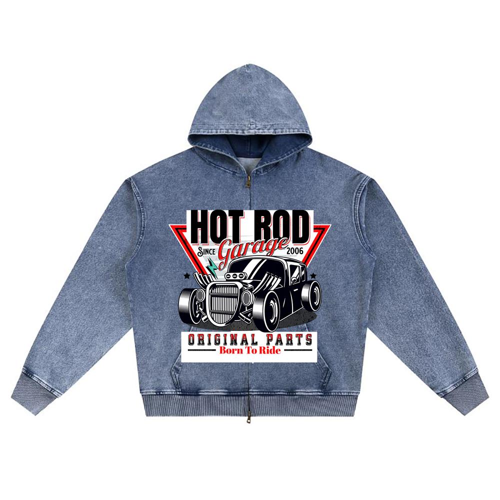 DTG print Knitted Denim Zip-Up Hoodie Rod Garage Classic Car Brother Print Zipper Hoodies