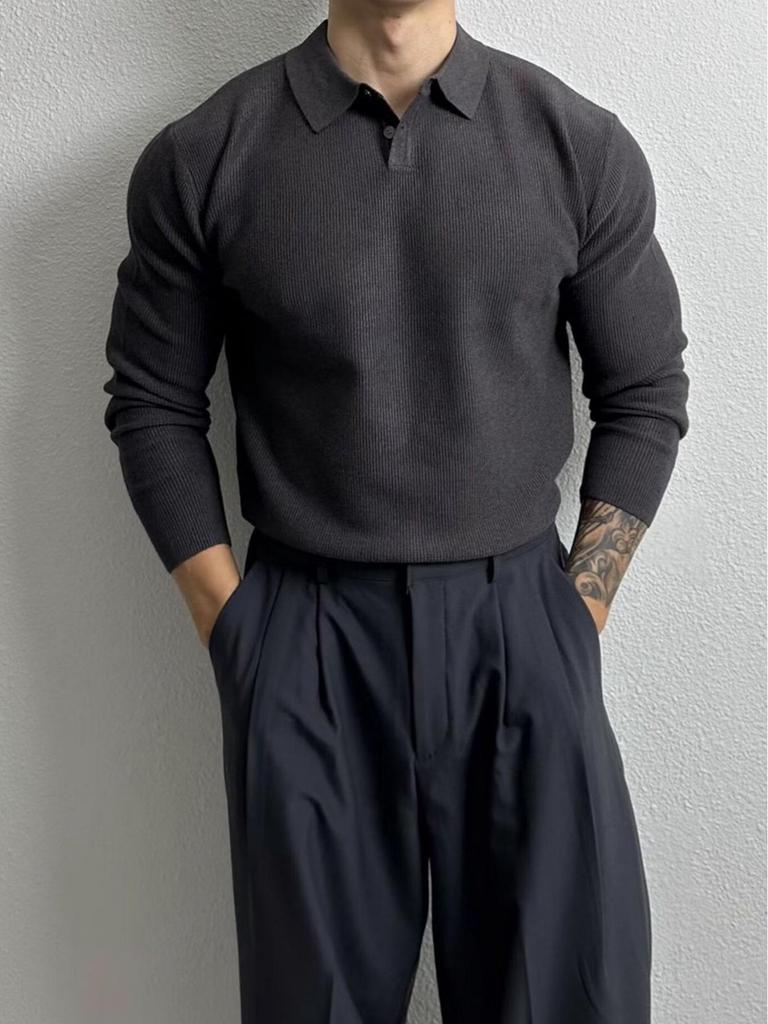Polo en maille tendance décontracté haut de gamme pour homme à manches longues - Style coréen Printemps/Automne, Pull ample légèrement mature et polyvalent
