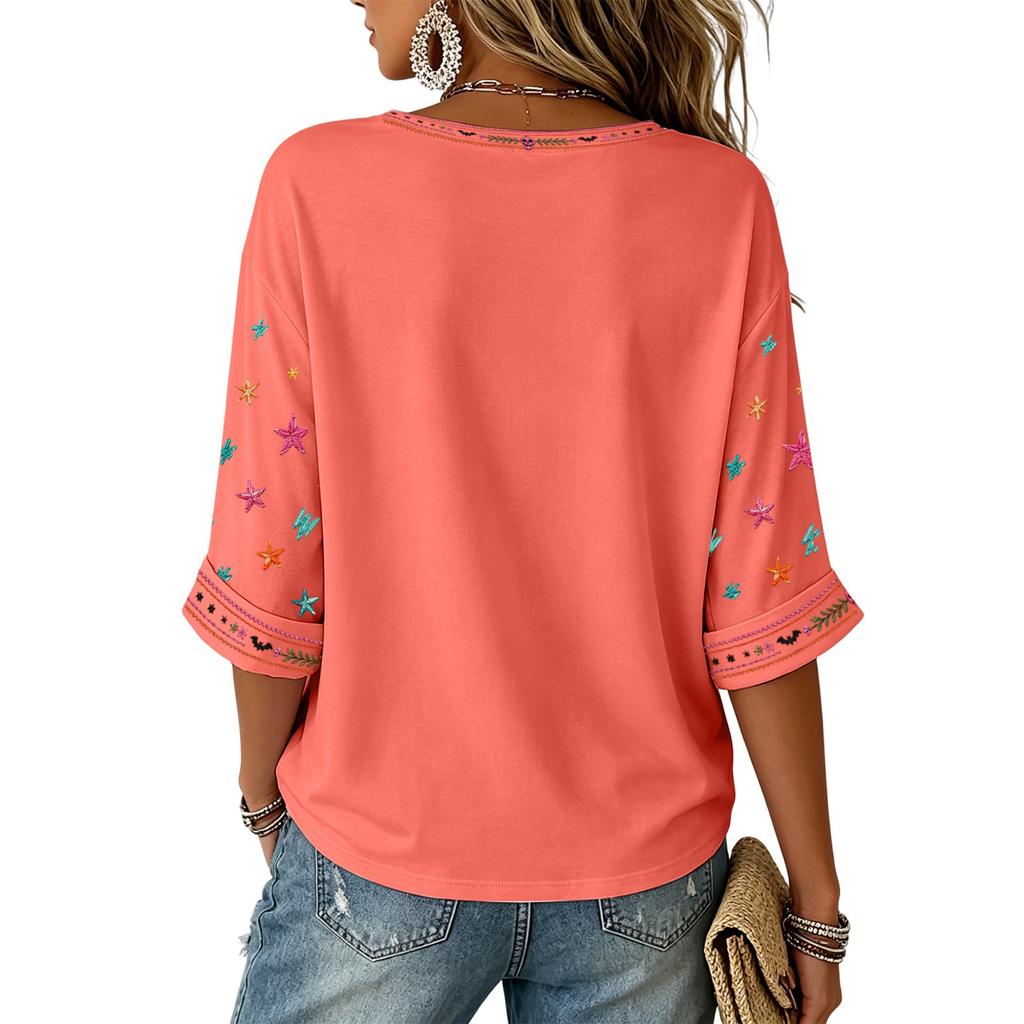 Women's V-Neck Three-Quarter Sleeve Halloween Print Blouse for Party and Costume Wear