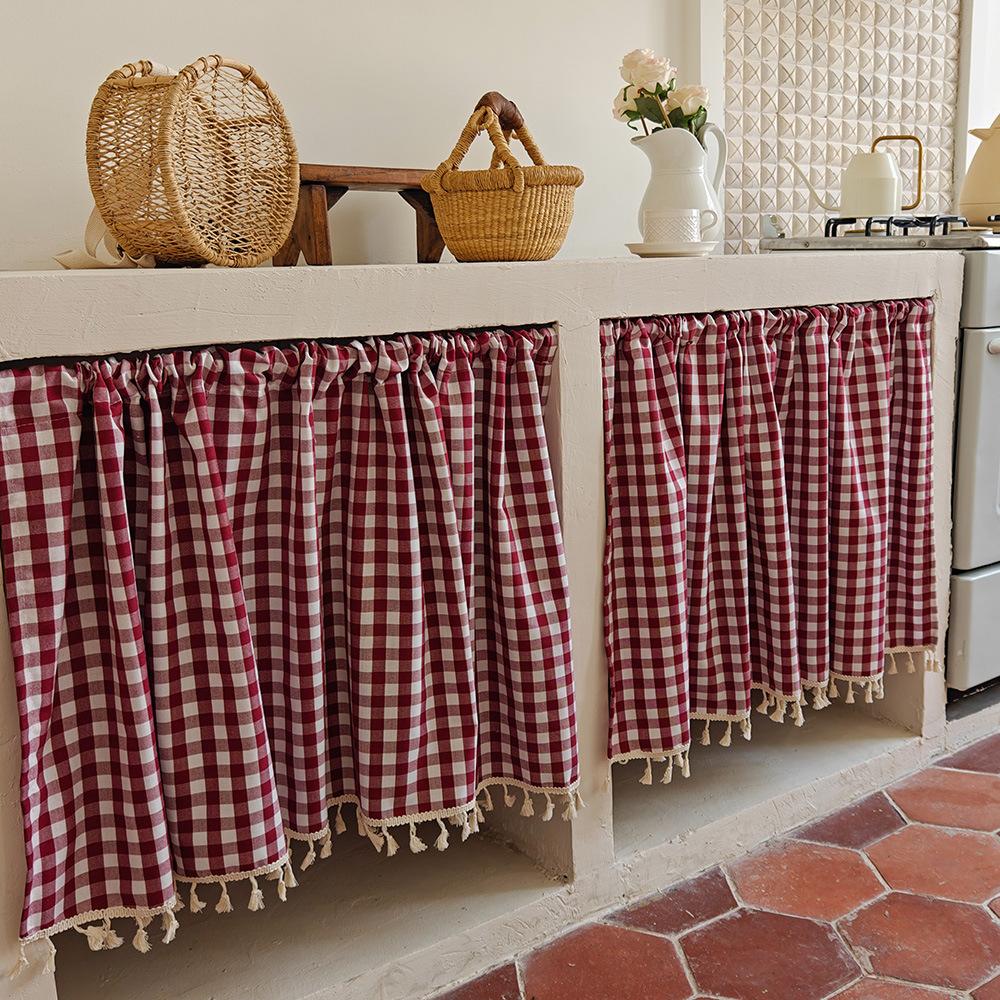 Fresh pastoral small lattice half curtain fabric floating curtain cabinet curtain coffee curtain door curtain partition curtain