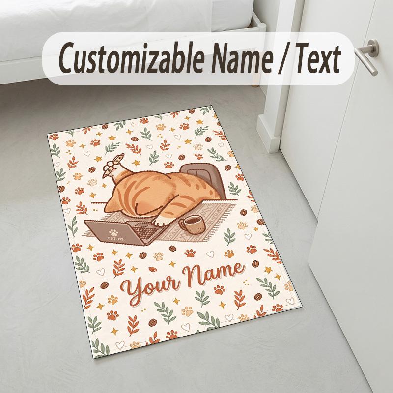 Cat Laptop Theme Soft Crystal Velvet Rug Custom Name & Text Print Non Slip Floor Rug for Bedroom Living Room