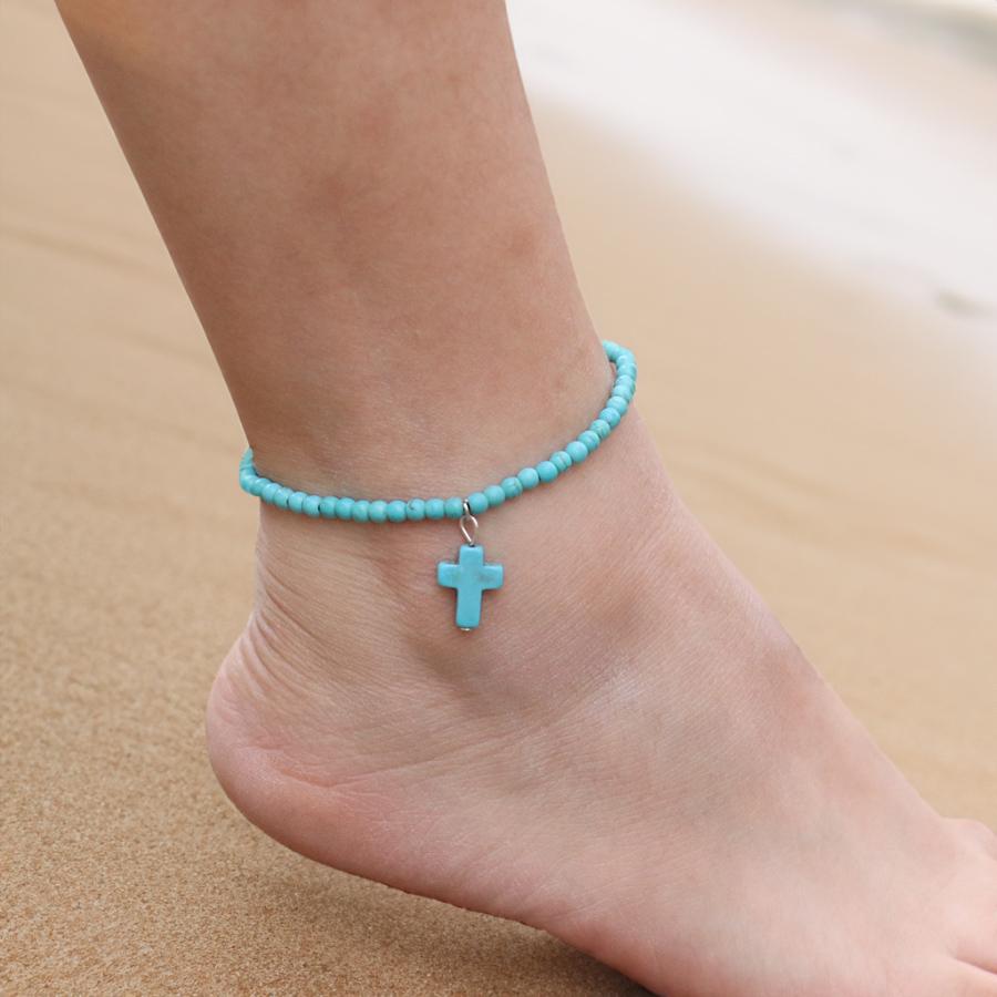 Bohemia Women Anklet Natural Red White Blue Howlite Stone Cross Foot Chain Adjustable Summer Beach Surfing Casual Accessories