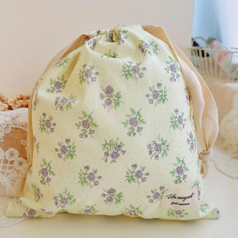 1pcs Forest Style Handmade Floral Cotton Drawstring Bag Vintage Storage Pouch for Underwear Travel Organizer Pouch