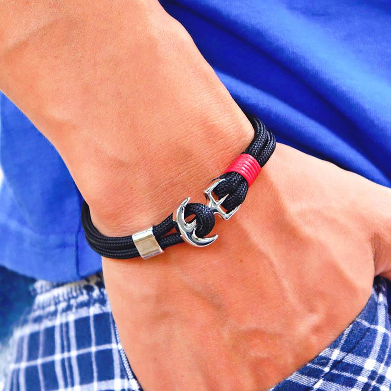 Nautical Anchor Braided Rope Bracelet Men Bilayer Silver Hook Grade A Minlan Cord Wrap Braclet Beach Surfing Homme Jewelry