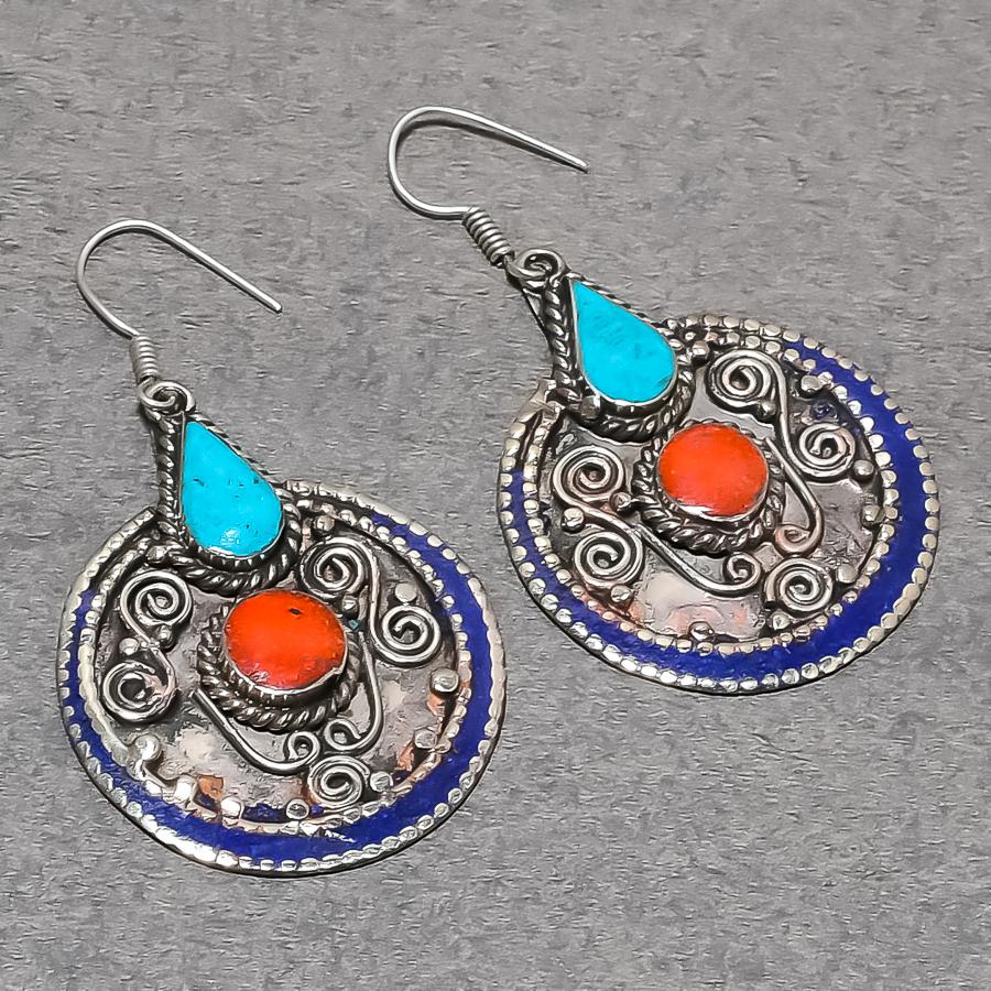 Coral Turquoise Lapis lazuli Earring Tibetan Vintage Nepali Jewelry 2.4" NE 5319