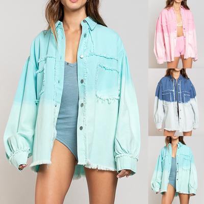 Women Loose Casual Denim Jacket Female Jacket Tie-Dye Trim Tassel  Long Sleeve  Coat With Pockets