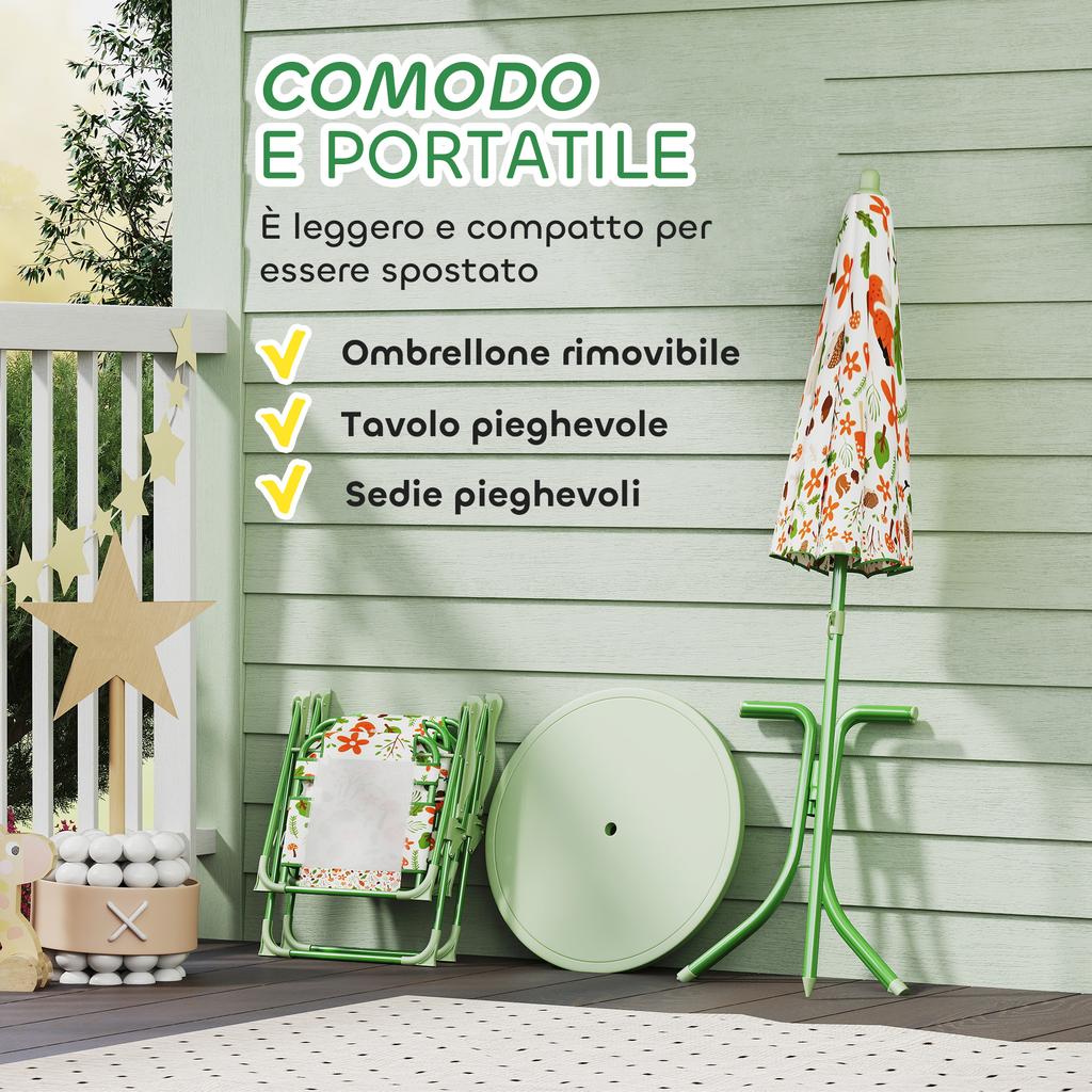 Garden Set for Children Ages 2-5 with Round Table, 2 Folding Chairs and an Umbrella, Green