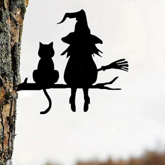 Halloween Garden Stake Witch And Cat Tree Decoration Iron Tree