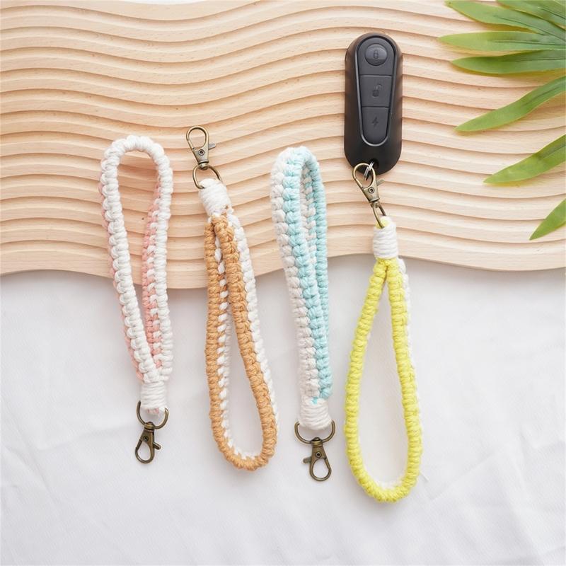 Handmade Cotton Rope Keychain Charm Colorful Braided Wristlet Keyring Soft Woven Key Rings Accessory for Men and Women