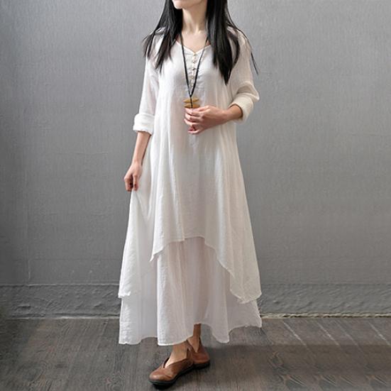 Women Fashion Autumn Casual Rayon Linen Long Sleeve Maxi Dress Kaftan