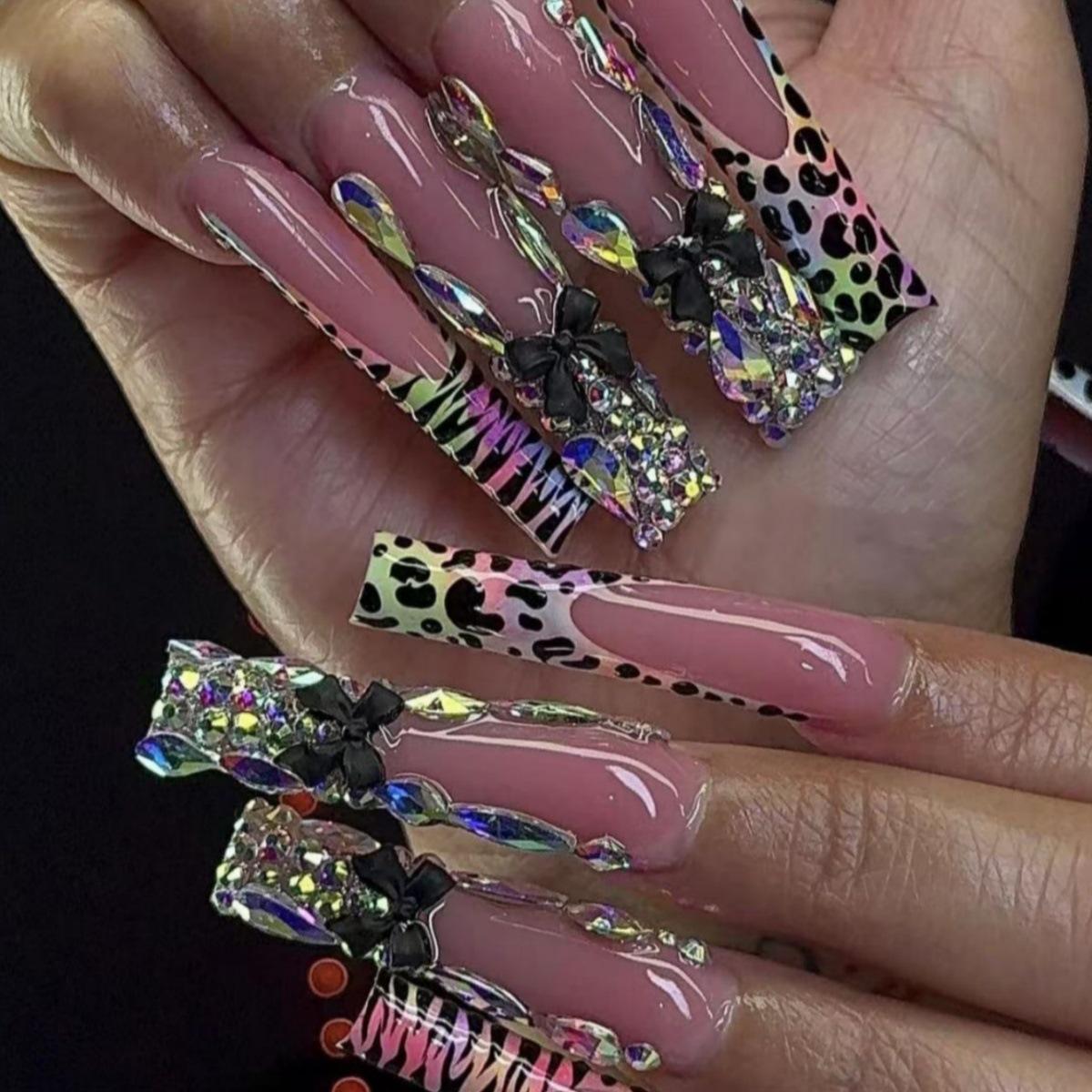 New handworn nail piece leopard print French European and American gemstone nail fake nail art patch European and American nail