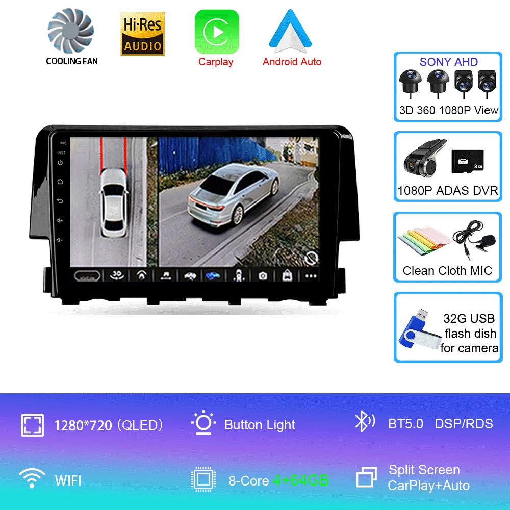 Android 14 Car Radio Carplay Auto For Honda Civic 2016 2017 2018 - 2021 GPS Multimedia WIFI+4G Head Unit BT Player Stereo Video