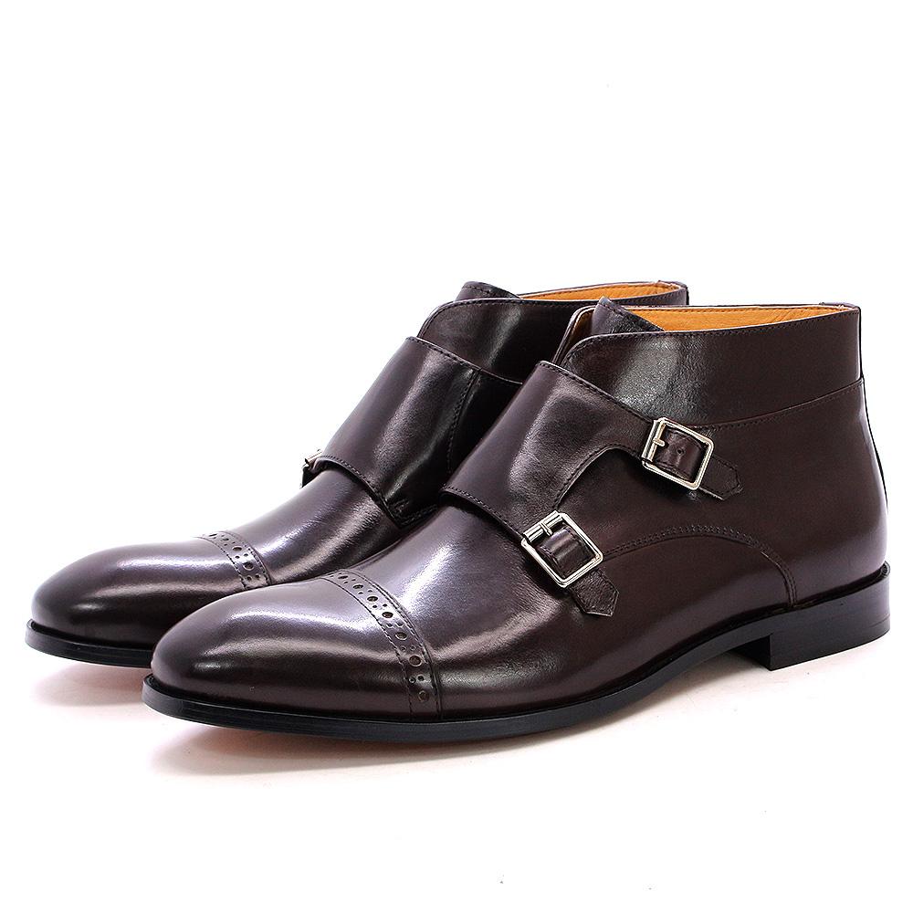 Fashion Sale 38-47 Mens Ankle Boots Genuine Calf Leather Double Buckles Monk Strap Basic Shoes Men Cowboy  Fashion Motorcycle Boots