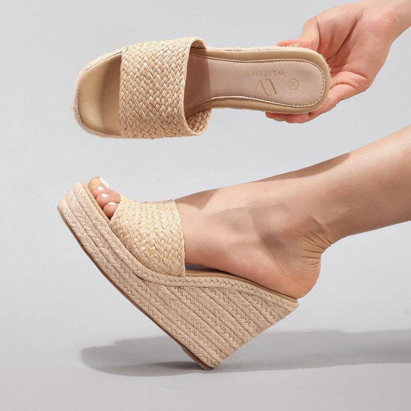 Fashion Women'S Hemp Rope Wedge Heel Thick-Soled Sandals, Woven Straw Rope One-Strap Summer Waterproof Platform High Heels