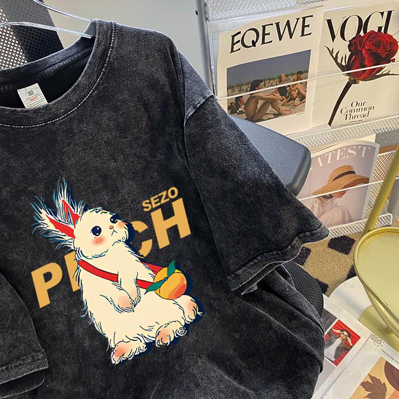 Women's American High Street Cartoon Print Washed Summer T-shirt - Korean Style Distressed Loose Fit