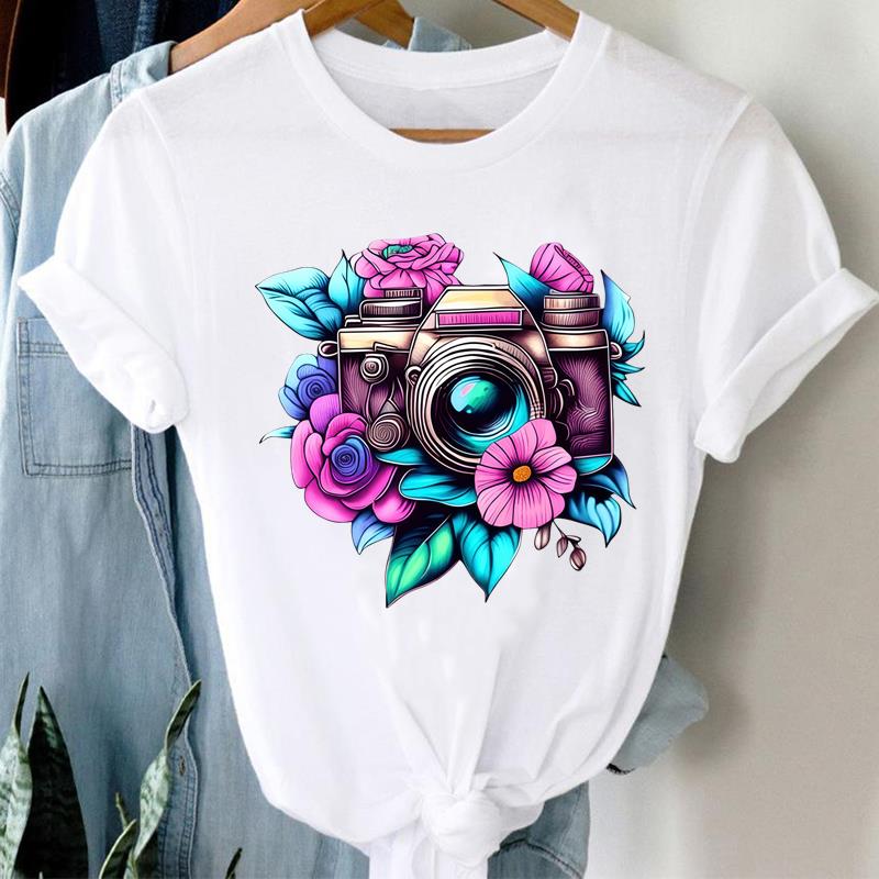 (Asian Size) Love Heart Flower Clothing Lady O-neck Short Sleeve T-shirts Printed Female Top Casual T Shirt Fashion Women Graphic Tee