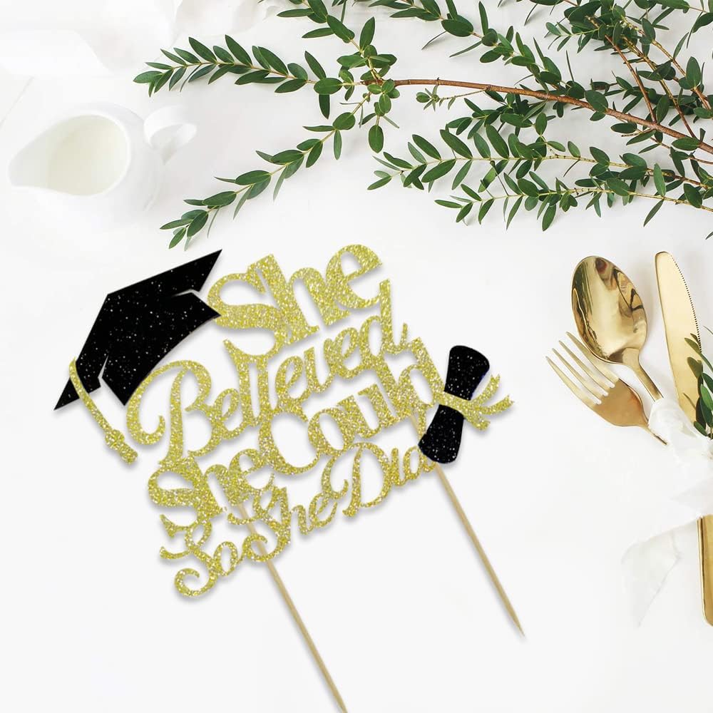 She Believed She Could So She Did Cake Topper for Graduation Decorations, 2025 Graduation Cake Topper, Congrats Grad 2025 Party Supplies (Gold)