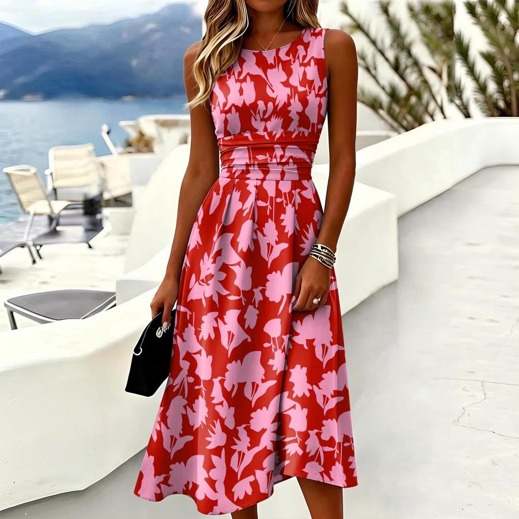 Sleeveless Casual Dress for Women Round Neck Floral Printed Midi Length Summer Dress with Waist Detail
