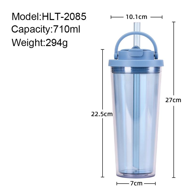 Double-Layer Colored Plastic Straw Cup, Large Hole Suction Bubble Tea Cup, One Cover, Double Drink, Portable Handle Water Cup