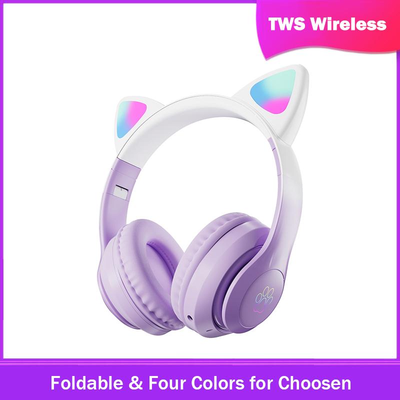 Cat Bluetooth Headphone Wireless Gradient Color Led Light With Mic Kids Girls Stereo Phone Music Headset Gamer Gift
