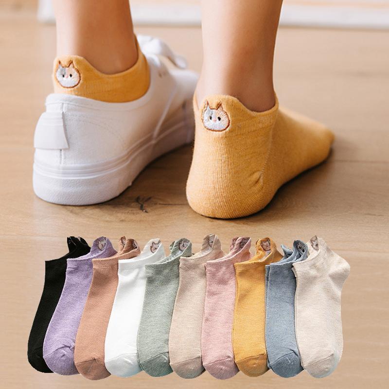 5/10 Pairs Women's Ankle Socks Cartoon Embroidery Cat Funny Short Socks Fashion No-Show Low Cut Soft Casual Female Boat Socks