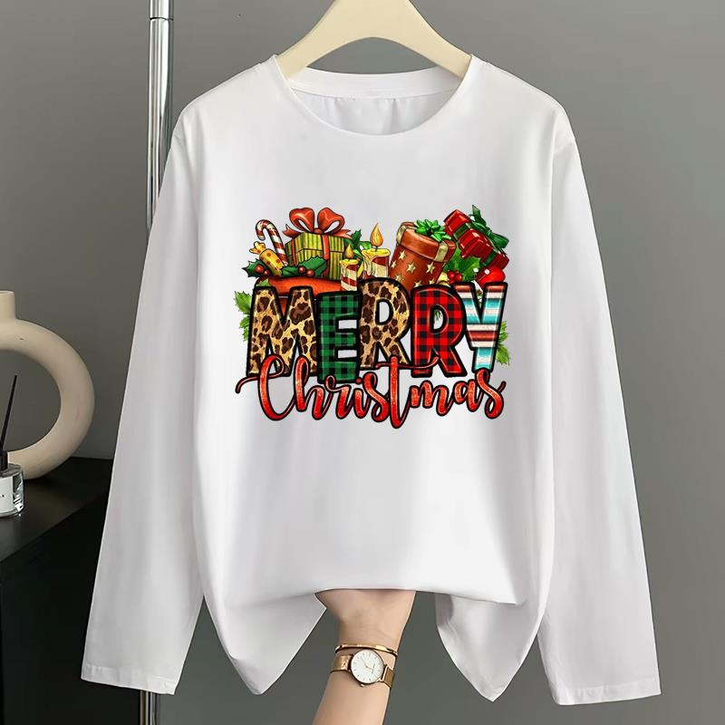 (Asian Size) Style Merry Christmas New Year Graphic Tee Women Autumn Winter Casual Fashion Top O-neck Clothing Print T Shirt Long Sleeve T-shirts