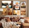 Autumn Country Landscape Lake Tree Animal Deer Forest Canvas Prints and Posters Pumpkin Reed Painting Living Room Picture Decor