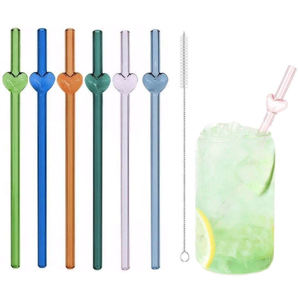 7 Stück Herzförmige Wiederverwendbare Glasstrohhalme, Perfekt für Cocktails, Eiskaffee Kalte Getränke, Heimische Trinkdekoration Geschenk für Mädchen