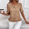 Women S Short Sleeve Blouse Doll Collar Pleated Solid Color Casual Top