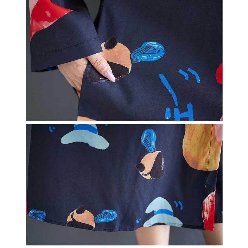 New Loose Large Size Oceanic Printing Mid-length Literary Retro Dresses