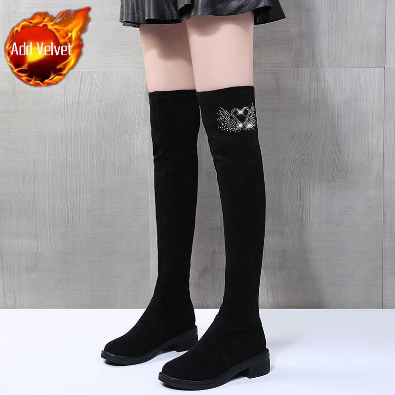 Women's Over Knee Stretch Boots 2025 Autumn Winter New Design Crystal Embellished Thick Heel Slimming Faux Fur Lining Warm Boots