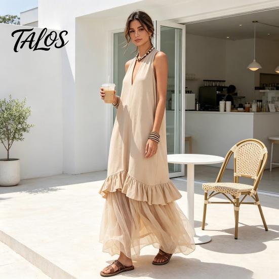 Summer Sleeveless Maxi Dress for Women, Deep V Neck Mesh Patchwork Long Dress, A-line Ruffle Flowy Beach Sundress