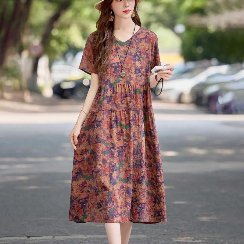 Women's Vintage Floral Print Linen Midi Short Sleeve V-neck Tiered Loose Casual Summer Dress