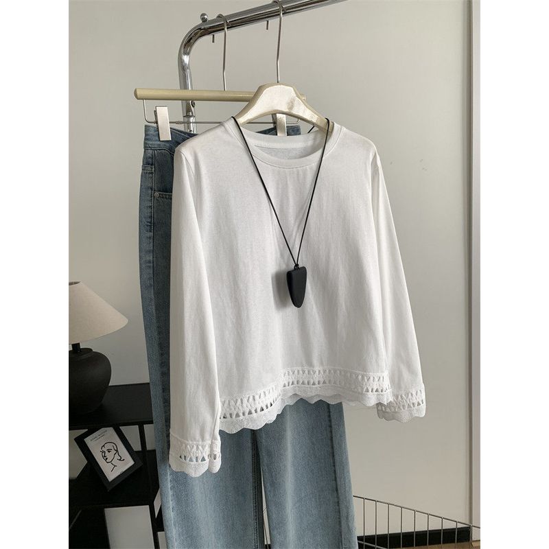 

Plus-Size Women s 120kg High-End White Lace-Trimmed Long-Sleeve T-Shirt, Loose Fit, Korean Style Top for Spring and Autumn White M (Recommended 40kg-55kg)