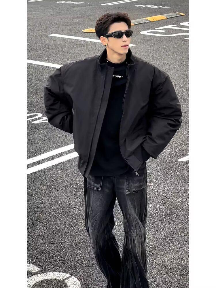 Men s American Style Winter Bomber Jacket - Cotton Padded Short Coat 2XL чёрный