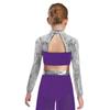 Mädchen Rollkragen Langarm Pailletten Strass Crop Top Cutout Rücken Druckknopf Tanz Top