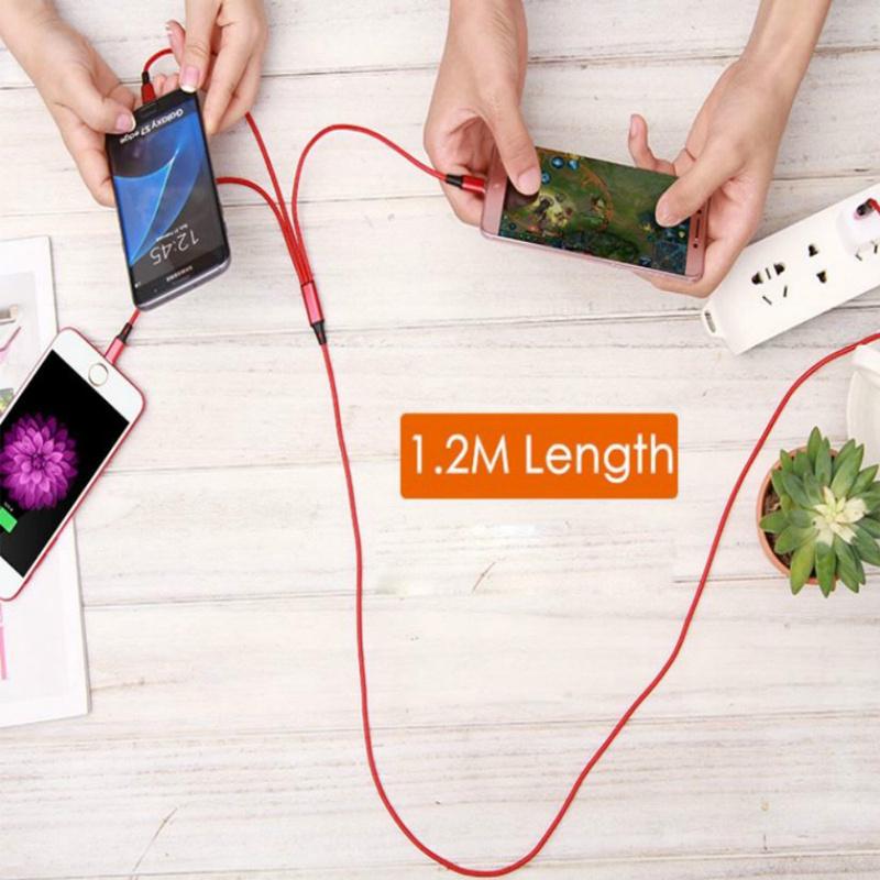 3-in-1 Datenkabel Kupferkern Nylon Geflochten Anti-Dehnungs Mehrfachanschluss 2a Schnellladung Handy Ladekabel