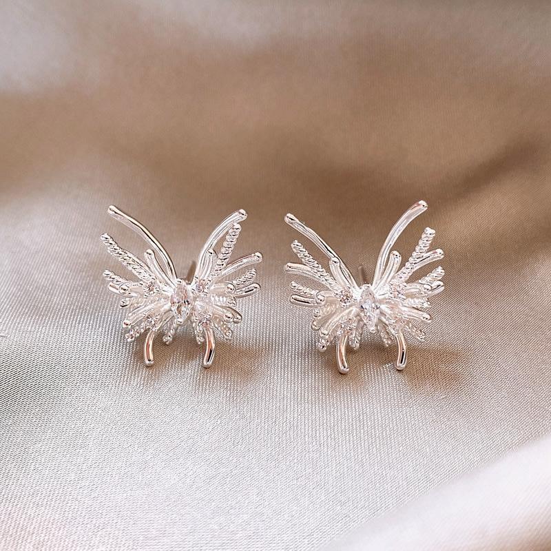 Silver needle zircon fireworks bow stud earrings niche fashion versatile temperament earrings light luxury high-end earrings