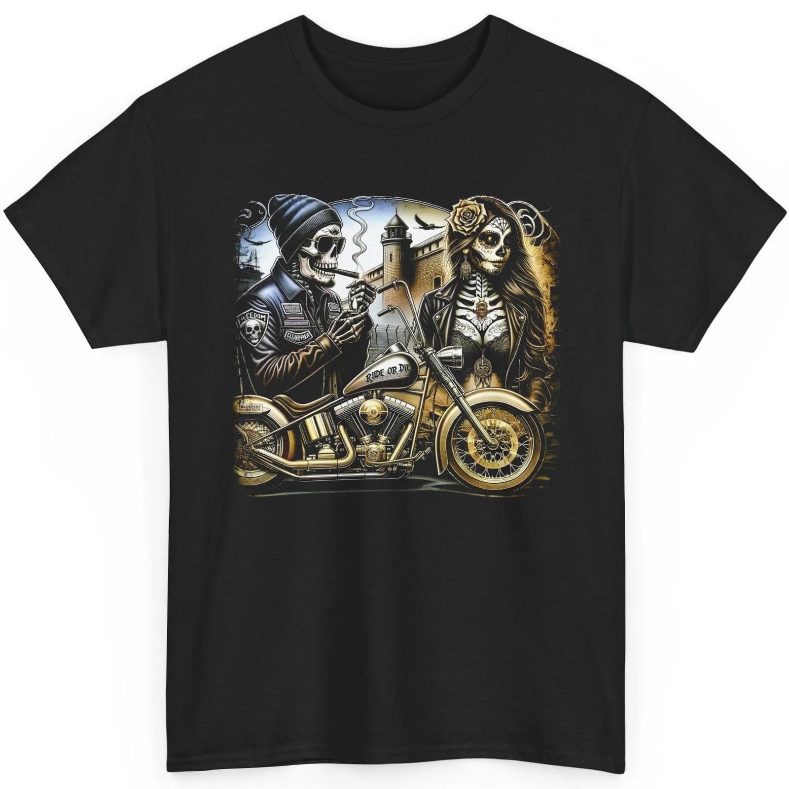 Ride Or Die T Shirt Biker Couple Graphic Tee Vintage Halftone Motorcycle Top M