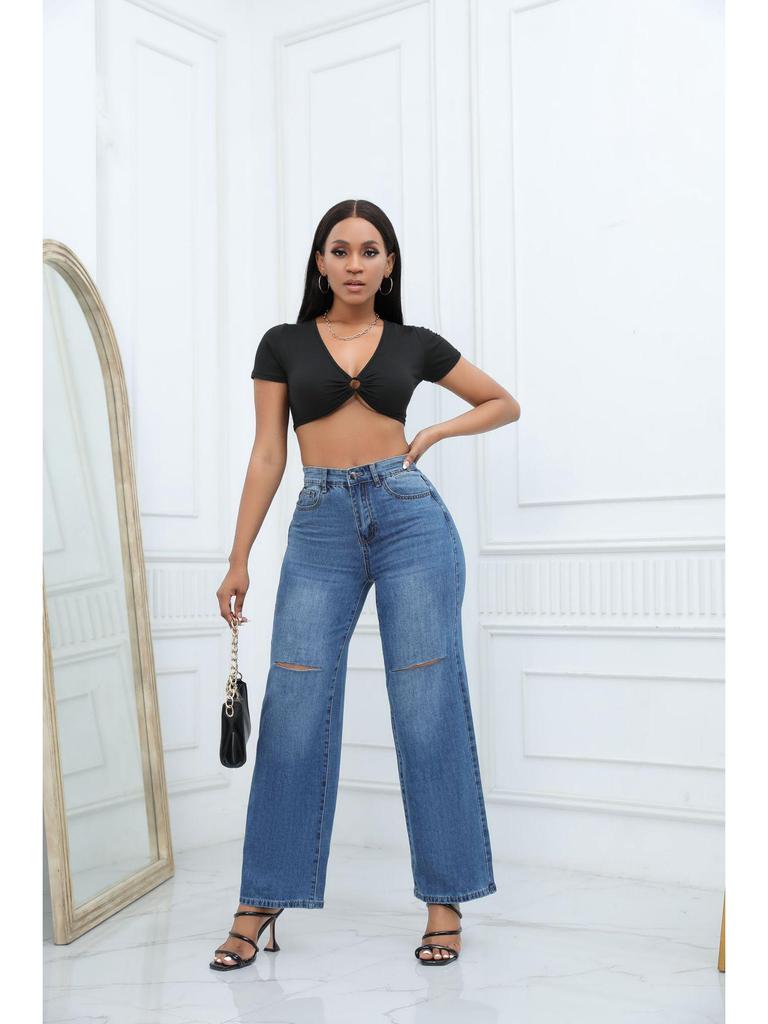 2023 Trendy European & American Ripped Bell Bottom Mid-Waist Loose Denim Pants for Women