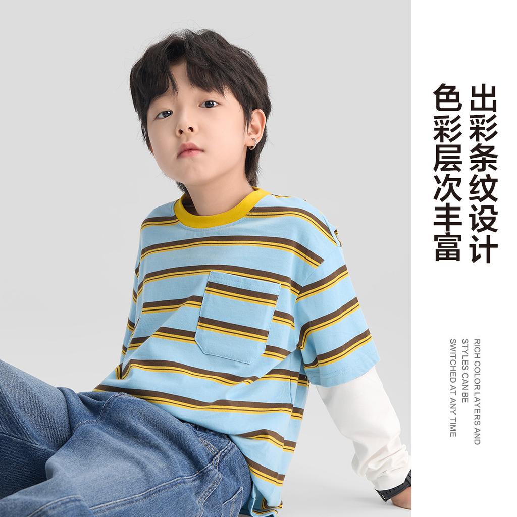 Left West children's clothing boys' long sleeved T-shirt children's fake two-piece striped spring and autumn 2026 new boys' and boys' base shirt