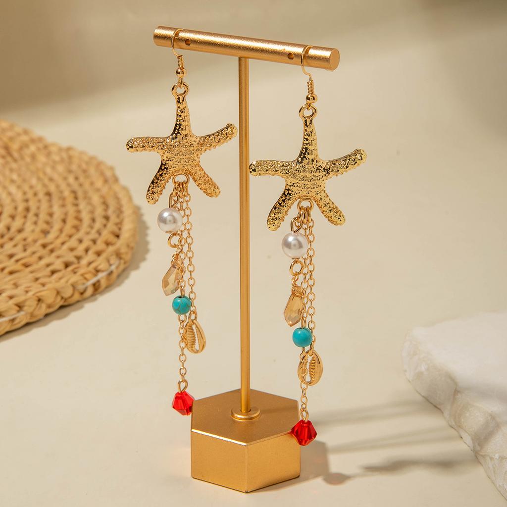 Ocean ins Wind Metal Starfish Jellyfish Earrings, Bohemian Imitation Pearl Fringed Earrings