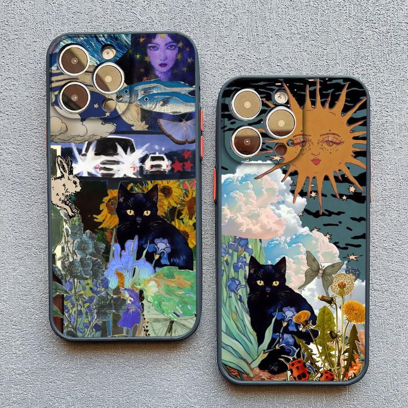 Retro Style Black Cat Art Phone Case for iPhone 16 15 14 Pro Max 14 15 Plus 12 13 Mini 11 Pro Max X XR XS 7 8 Plus SE Back Cover