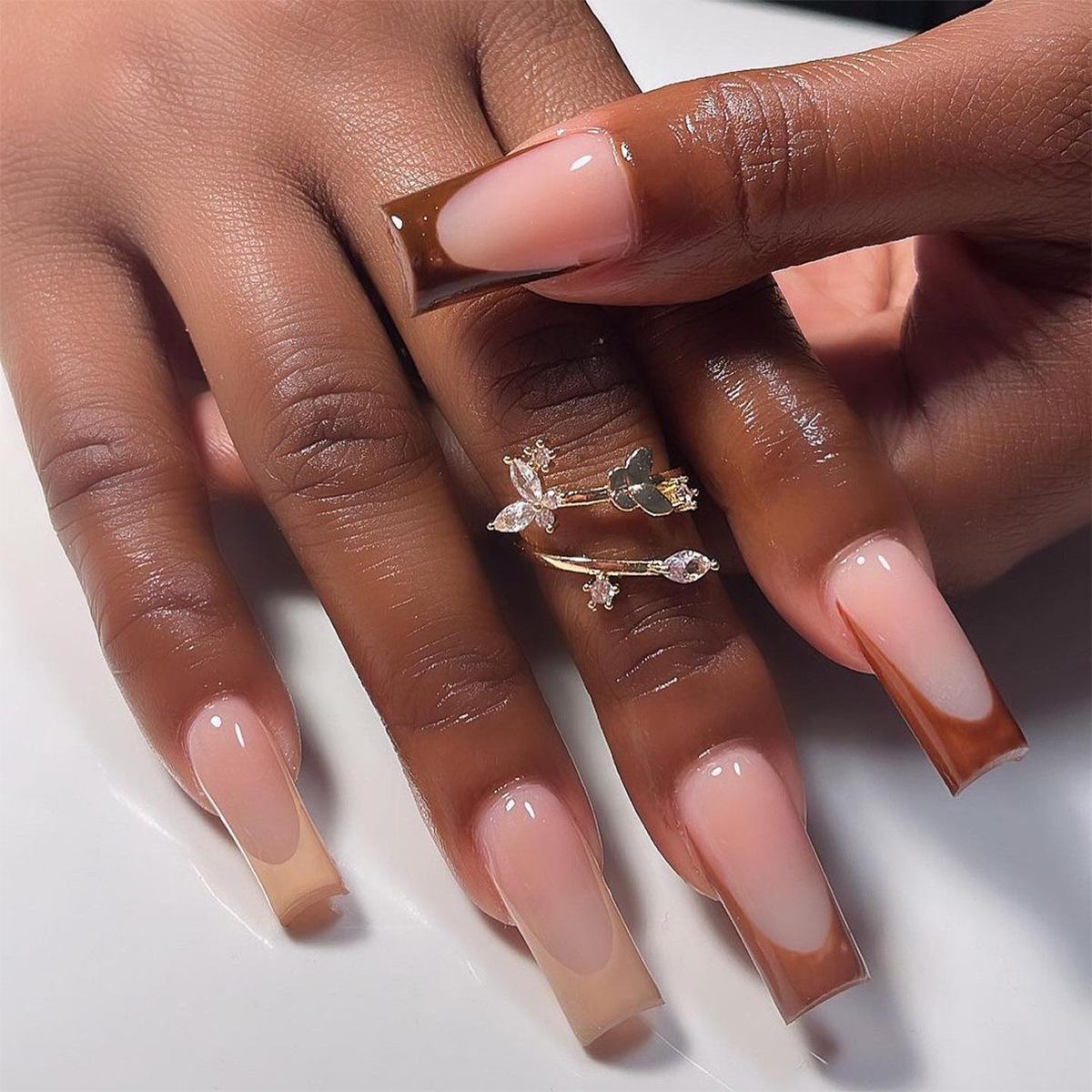 Maillard Style Nude Brown Edge Nail Art - Autumn Patchwork Nails JP2919 [Glue Version]