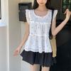 Casual Printed Shirts Summer Fashionable Lace Patchwork Women's Korean Sleeveless Vintage Loose Blouse New