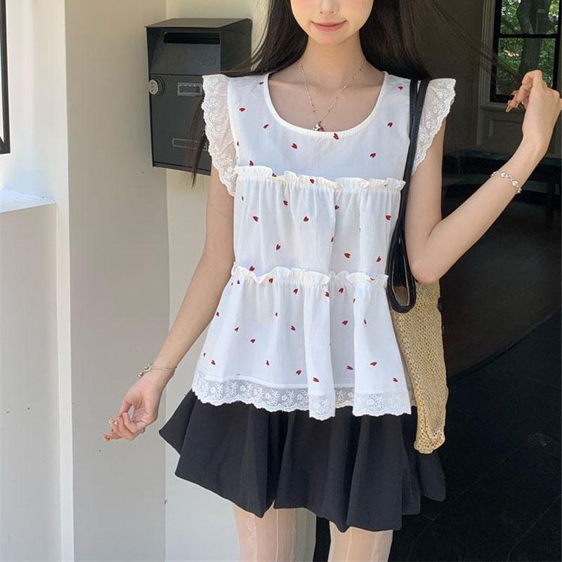 Casual Printed Shirts Summer Fashionable Lace Patchwork Women's Korean Sleeveless Vintage Loose Blouse New