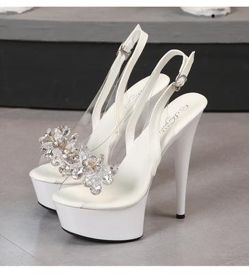 Chaussures de mode à strass bouche de poisson talons hauts aiguilles 13CM sandales modèle voiture transparent femme podium barre de pole dance