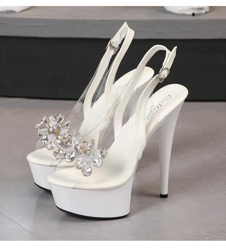 Fashion Rhinestone Fish Mouth Shoes Nightclub Stiletto High Heels 13CM Car Model Sandals Transparent Female Catwalk Steel Pipe